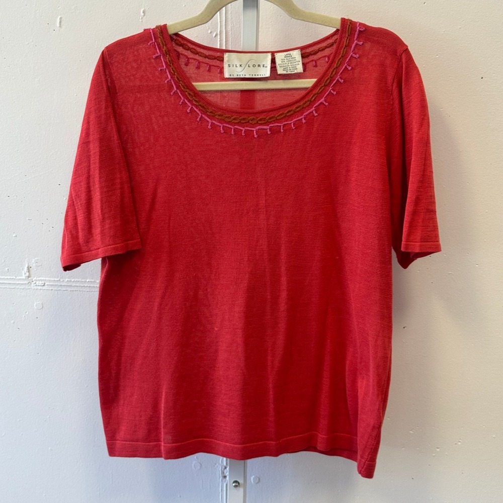 Vintage Silk Lore Beth‎ Terrell Red Silk Linen Knit Top Short Sleeve Embroidered